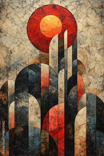 A retro Memphis geometric mural art with oversized shapes and bold outlines, painted on a textured concrete wall with natural sunlight casting soft shadows.