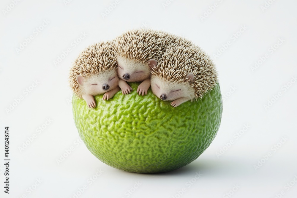 Obraz premium Three adorable hedgehogs snuggle together, peacefully sleeping on a vibrant green lime.