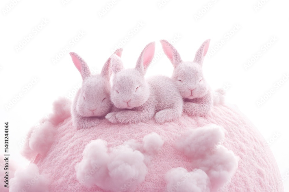 Obraz premium Three adorable pink bunnies nestled together on a fluffy pink cloud, sleeping peacefully.