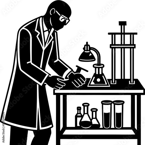 A silhouette of a lab technician wearing gloves, carefully arranging laboratory equipment on a table