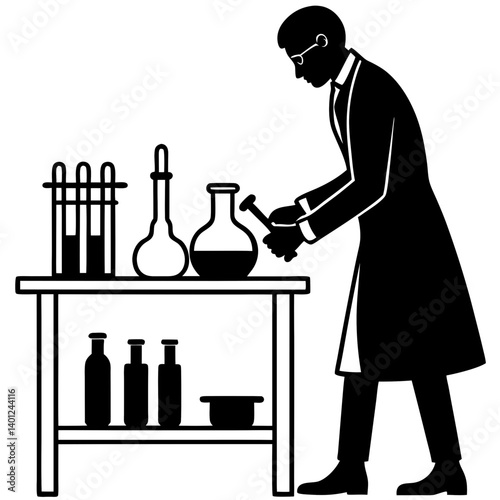 A silhouette of a lab technician wearing gloves, carefully arranging laboratory equipment on a table