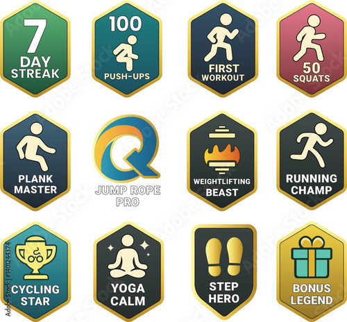 Achievement Badges for Workout Warriors – Jump Rope Pro, furture fitness gum challanges reward icons