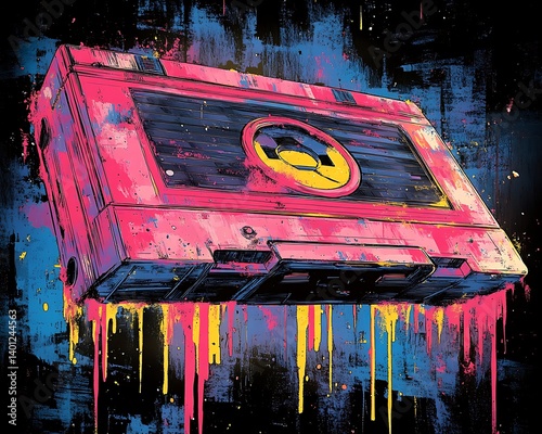 A retro-inspired pop art poster of a cassette tape with melting rainbow colors, 