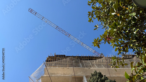 Upper part of building under construction with timber frame, safety nets and large tower crane surrounded by tree branches.

