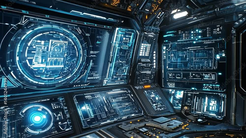 Futuristic spaceship cockpit with advanced technology interface and control panels