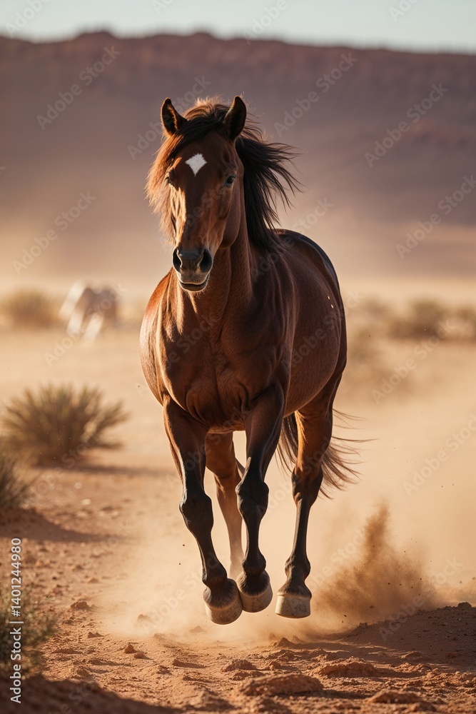 Obraz premium Majestic Wild Horse Charging in Dusty Desert Landscape