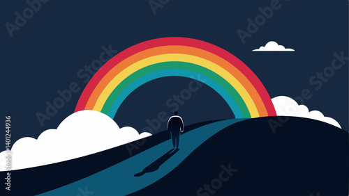 Clouds and Rainbows A landscape where dark clouds failure are on one side and a vibrant rainbow success on the other with a figure walking from the clouds towards the rainbow