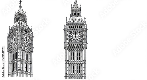 Detailed Line Art of Big Ben Clock Tower on White Background