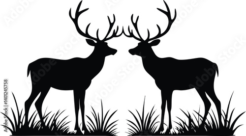 Two Deer Facing Silhouette in Grass on Transparent Background Isolated Design