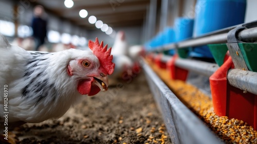 Close-Up of Chickens Feeding in a Modern Poultry Farm Environment