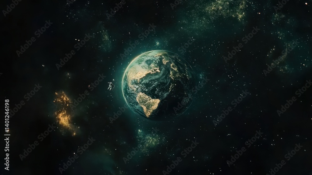 Obraz premium View of Earth illuminated at night from space, showcasing city lights and natural features