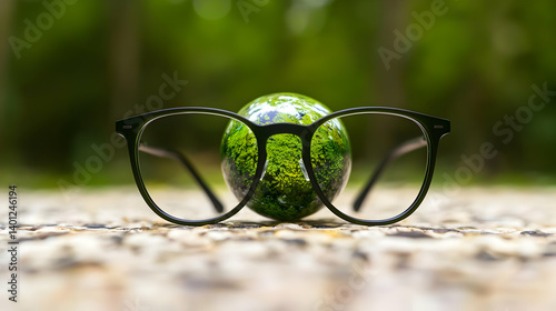 Fototapeta Naklejka Na Ścianę i Meble -  Stylish Black Eyeglasses Frame With Earth Globe