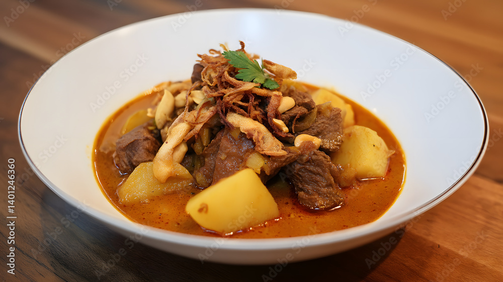 Deliciously Braised Beef Massaman Curry with Potatoes and Crispy Garnish Deliciously Braised Beef Massaman Curry with Potatoes and Crispy Garnish