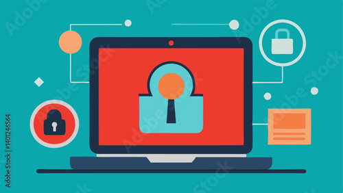 Locked Laptop with Keyhole A laptop with a large keyhole in the center surrounded by digital locks and alerts the concept of securing personal devices against