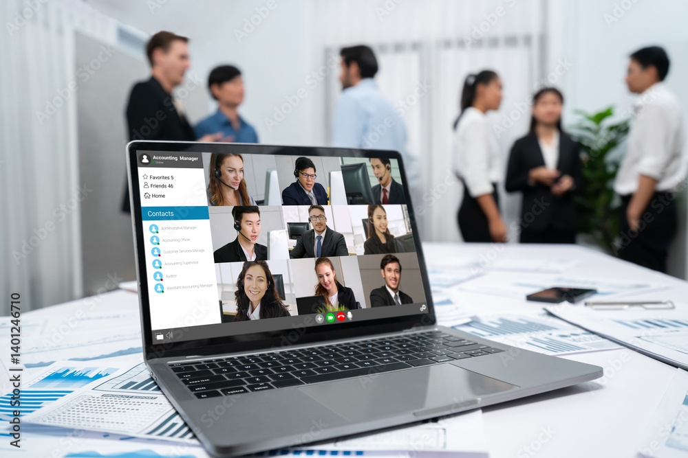 Business people on video conference for brisk virtual group meeting of corprate business office workers