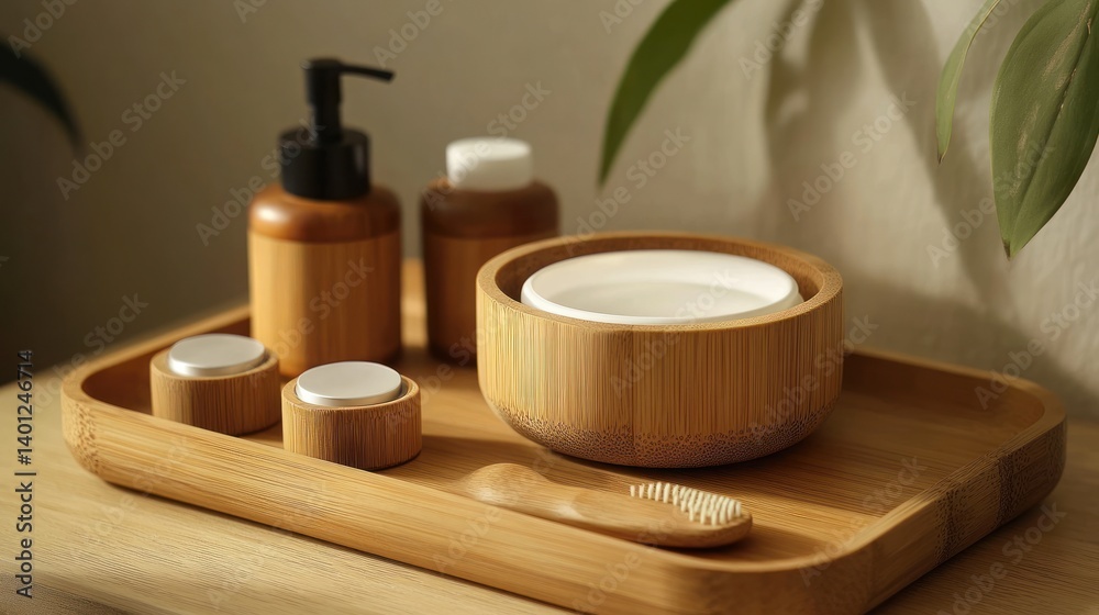 A bamboo self-care accessory set, offering a calming, natural aesthetic, perfect for promoting self-care concepts with ample room for messaging A bamboo self-care accessory set, offering a calming, natural aesthetic, perfect for promoting self-care concepts with ample room for messaging