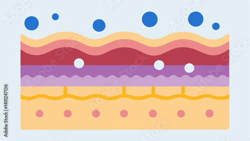 Layered Stacking Visualize layers of skin where each layer represents elastin and collagen with exosomes as dots above them signifying their role in strengthening the layers.