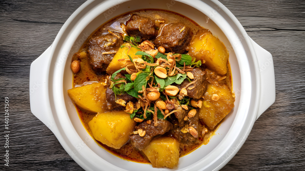 Flavorful Massaman Beef Curry with Tender Braised Meat and Potatoes Topped with Peanuts and Fresh Herbs Flavorful Massaman Beef Curry with Tender Braised Meat and Potatoes Topped with Peanuts and Fresh Herbs