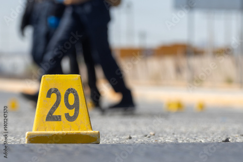 Yellow forensic marker number 29 at a crime scene, with investigators in the background.