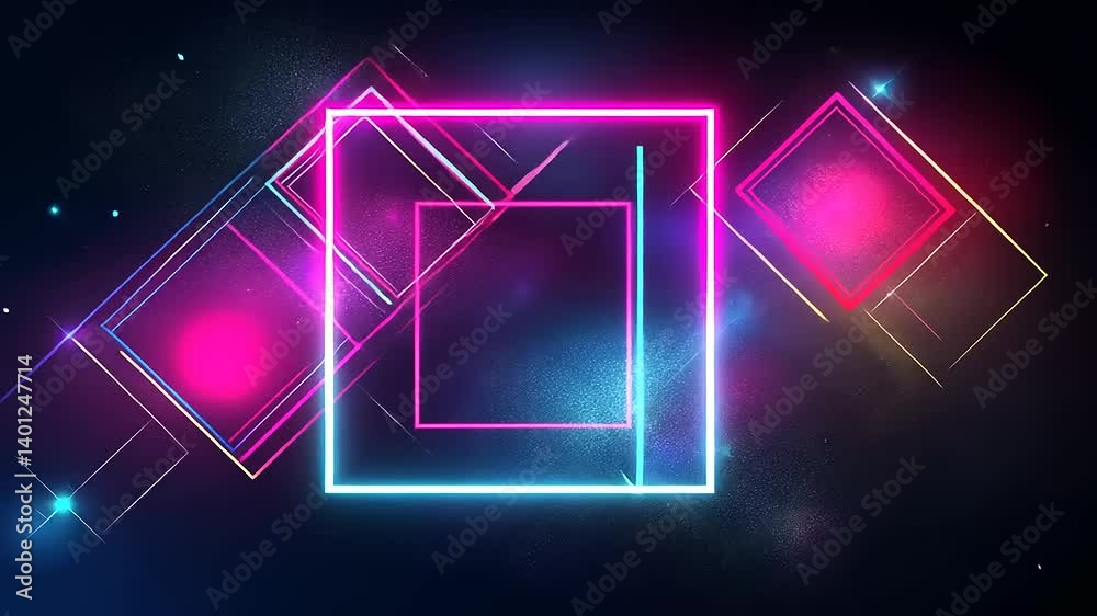 Vibrant neon outlines, squares, and diamond shapes glow on a dark background with subtle smoke details Vibrant neon outlines, squares, and diamond shapes glow on a dark background with subtle smoke details