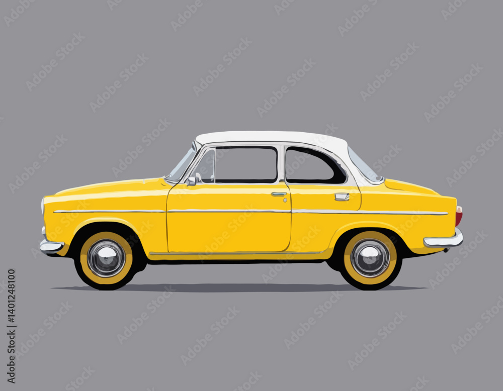 Voiture jaune rétro vintage modèle 3d illustration, style dessin animé véhicule mignon
