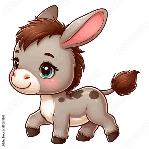 Charming cartoon illustration of a cute chibi-style donkey with big, adorable eyes, a gentle smile, and a playful pose. Represents adorable animals, farm animals, and children's themes.