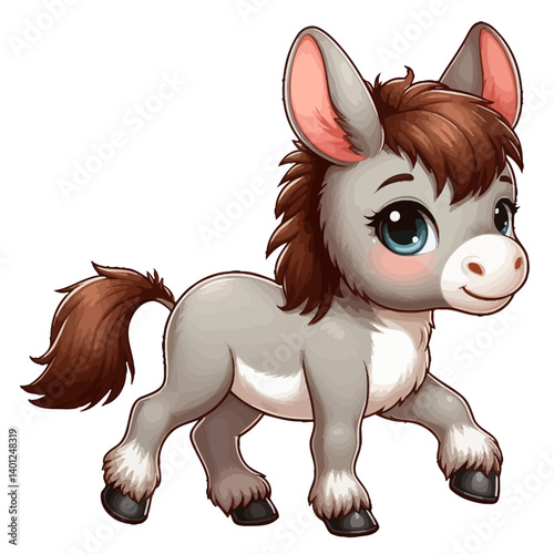 Charming cartoon illustration of a cute chibi-style donkey with big, adorable eyes, a gentle smile, and a playful pose. Represents adorable animals, farm animals, and children's themes.