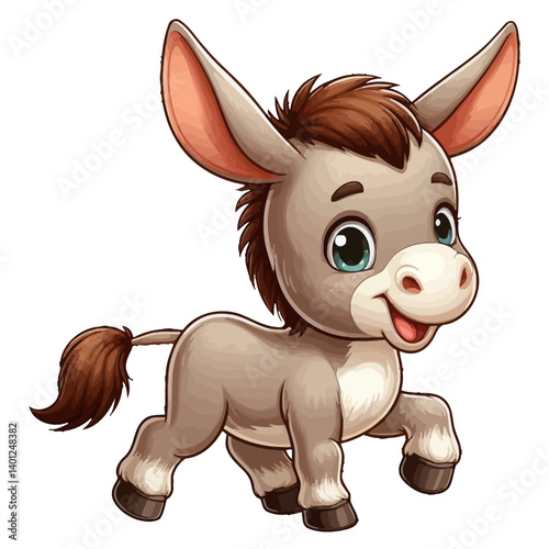 Charming cartoon illustration of a cute chibi-style donkey with big, adorable eyes, a gentle smile, and a playful pose. Represents adorable animals, farm animals, and children's themes.