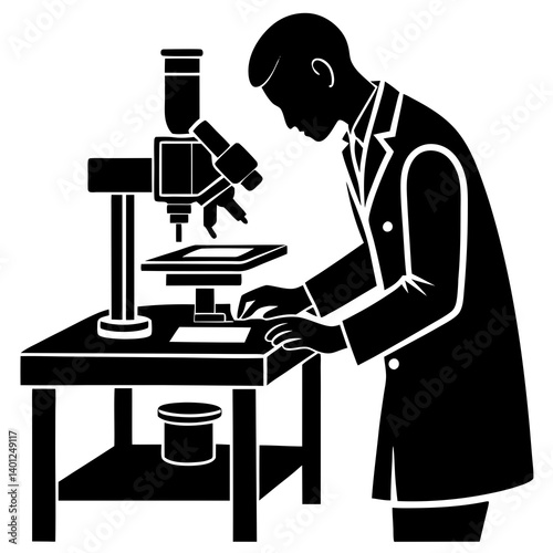 A silhouette of a laboratory assistant preparing slides for observation under a microscope