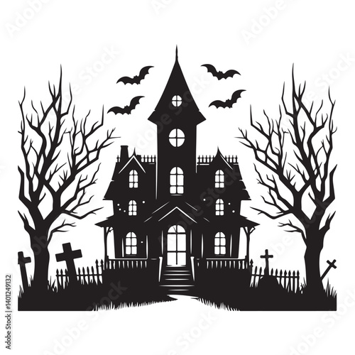 Haunted house spooky and creepy Halloween night silhouette illustration