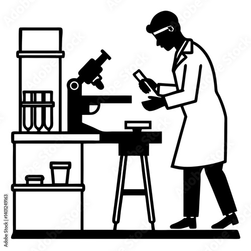 A silhouette of a laboratory assistant preparing slides for observation under a microscope