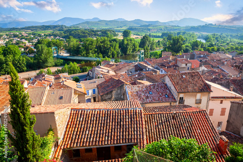 Obraz na płótnie View on medieval village Cessenon-sur-Orb in Languedoc with rolling hills in the distance w salonie