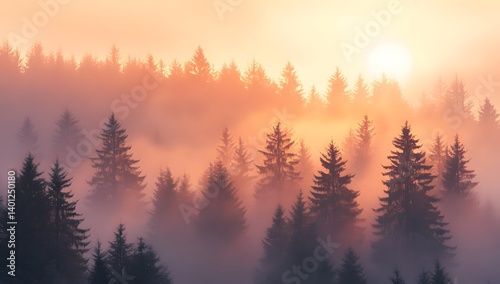Misty forest landscape with silhouetted pine trees against a soft, golden sunrise, creating a serene and ethereal atmosphere in nature