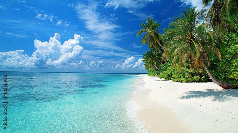 Fototapeta premium Idyllic Tropical Beach White Sand, Turquoise Waters and Lush Palm Trees Under a Clear Blue Sky Perfect Vacation Landscape in the Maldives