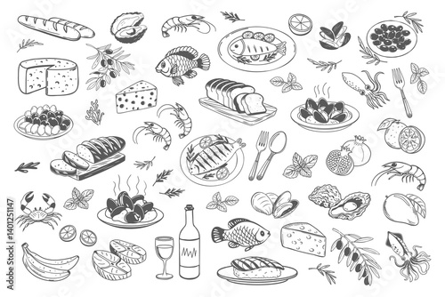 Set of hand drawn simple Mediterranean food. Fish seafood cheese olives bread. Sketch style illustration for cafe or restaurant menu design.