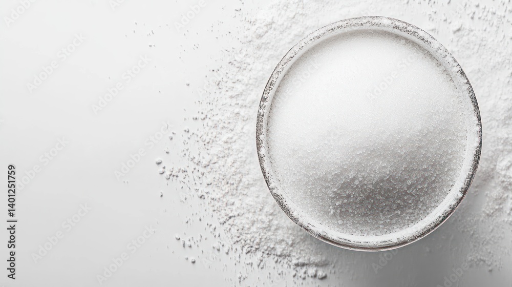 A clean, top-down shot of a bowl of powdered sugar, isolated on a white background, highlighting its delicate texture.