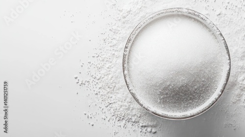 A clean, top-down shot of a bowl of powdered sugar, isolated on a white background, highlighting its delicate texture.