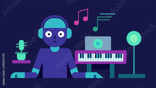 AI Music Composer A musician seated at a keyboard while a floating holographic screen displays musical notes and suggests chord progressions with a friendly robot nearby.