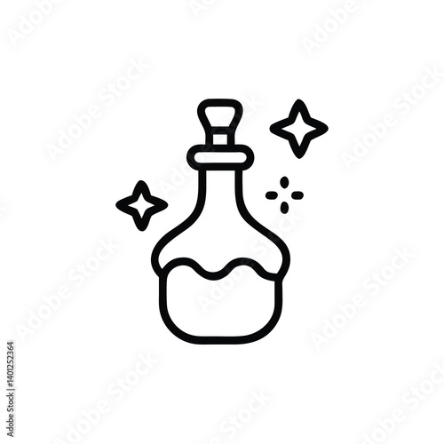 Black Outline Magic Potion Bottle Icon With Sparkling Stars On White Background