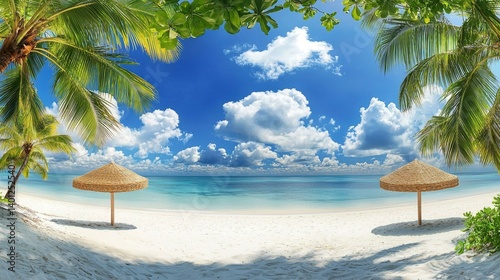 Stunning Tropical Beach White Sand and Turquoise Waters Under a Sunny Blue Sky with Fluffy Clouds Idyllic Maldives Island Oasis with a Leaning Palm Tree for Your Dream Vacation