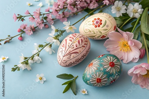 Soft Blue Easter Scene with Floral Arrangement
