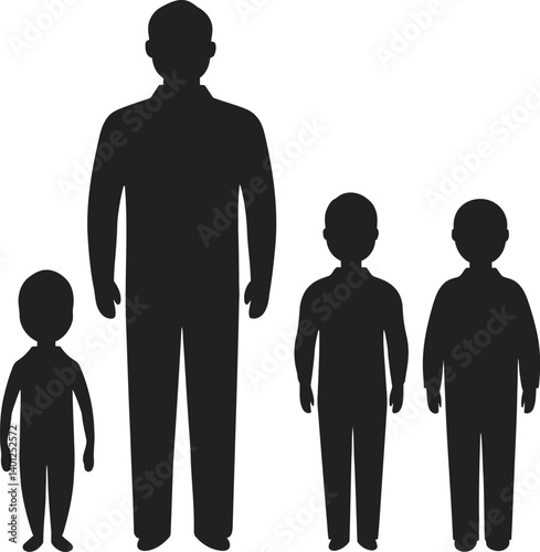 Silhouetted Growth Progression Vector – Black and White Illustration Depicting Individuals of Varying Heights to Represent Age or Development