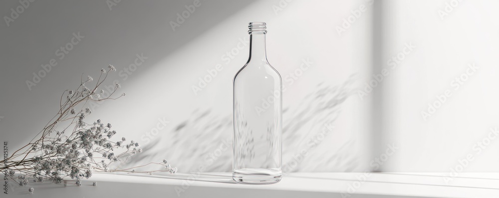 A clear glass bottle mockup standing tall on a white surface, its simple elegance perfect for showcasing labels or designs