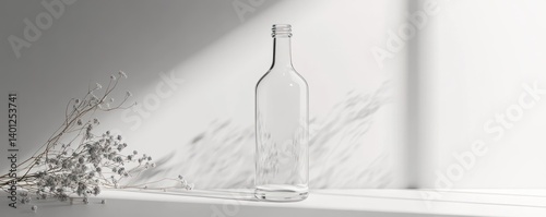 Obraz na płótnie A clear glass bottle mockup standing tall on a white surface, its simple elegance perfect for showcasing labels or designs w salonie