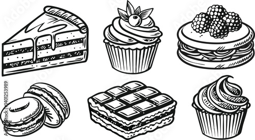 Hand Drawn Vector Set of Cakes, Cupcakes, and Desserts

