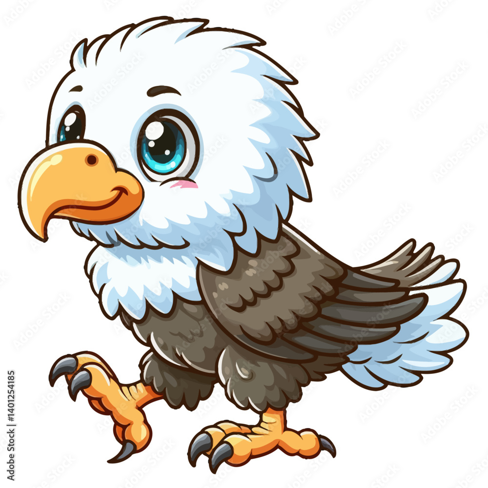 Obraz premium Charming cartoon illustration of a cute baby eagle with big, adorable eyes, fluffy white head and neck, brown body, and sharp talons, taking a step. Represents adorable animals, birds of prey, and chi