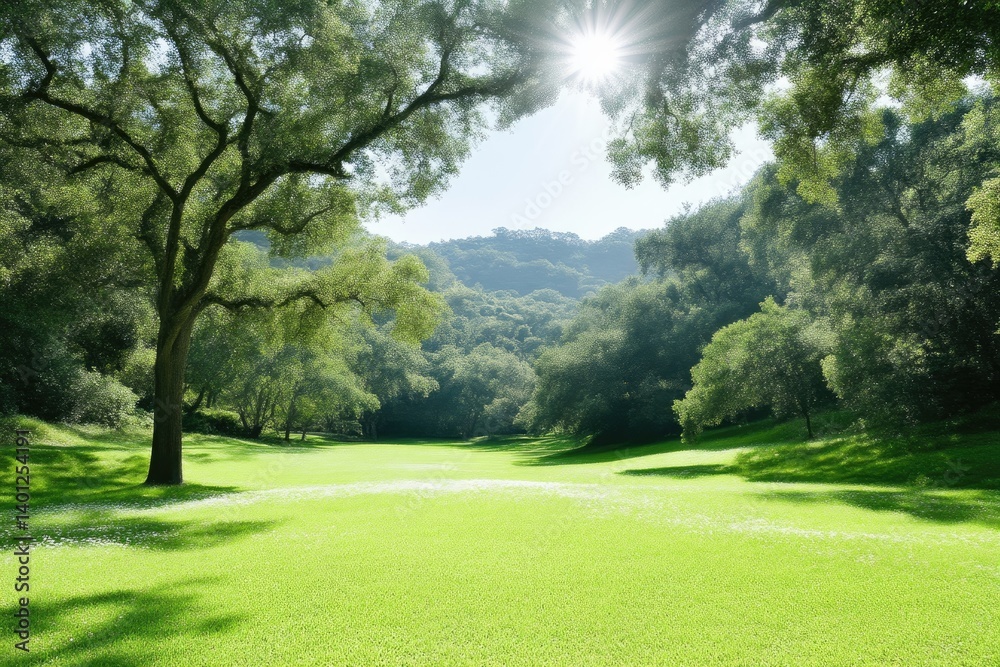Fototapeta premium Lush green landscape bathed in sunlight