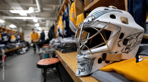 Hockey Locker Room Scene Featuring Goalie Mask and Jerseys on Display