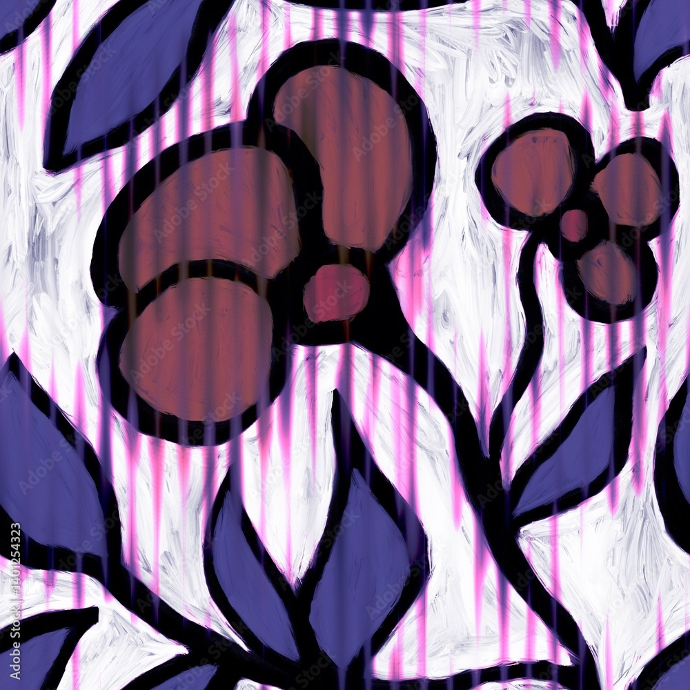 Obraz premium Abstract floral painting with bold black outlines, featuring yellow flowers and green leaves on a cream background. Modern, expressive, and artistic design
