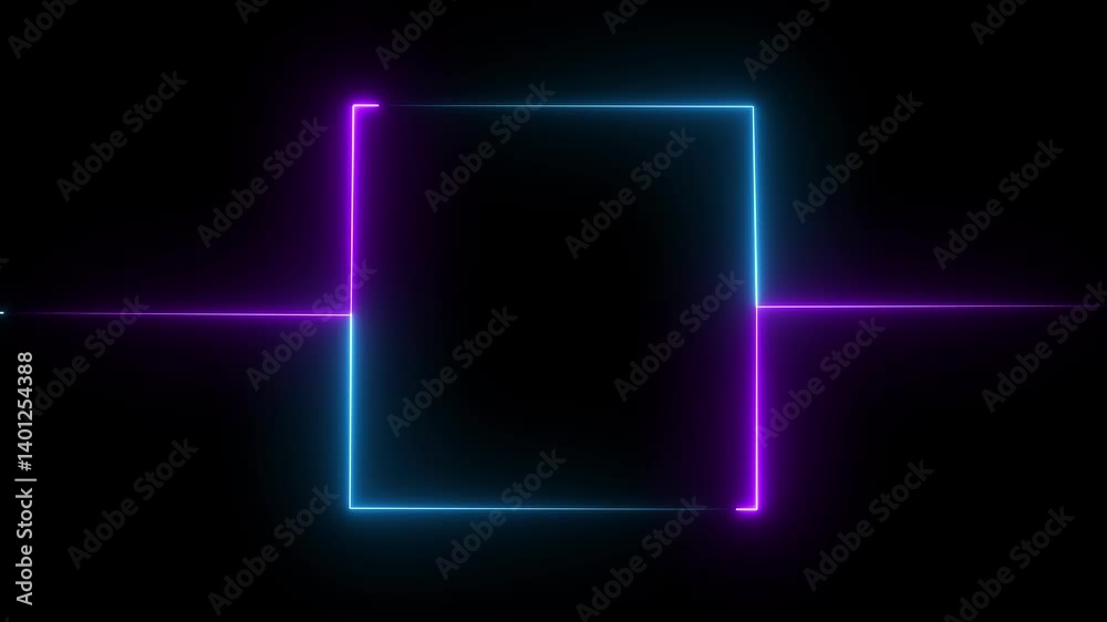 Blue purple color neon box with glowing neon line animation on black background. Animation of neon rectangle frame motion graphics Rectangular Fire effect Animation. Fire Flame Gradually Appearing in